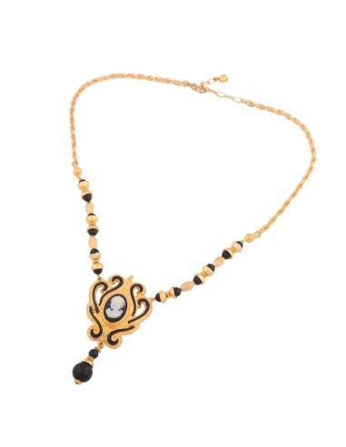 Collier Gemme goldfarbene Kordelkette aus Metall schwarze Kunststoffperlen 50cm