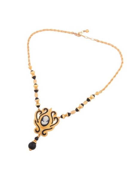 Collier Gemme goldfarbene Kordelkette aus Metall schwarze Kunststoffperlen 50cm