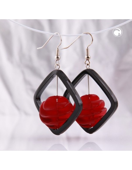 earrings black square red spiral bead
