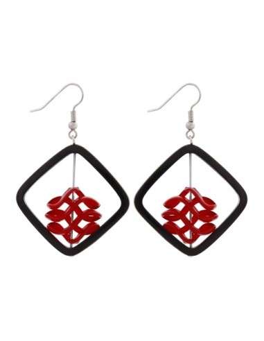 earrings black square red spiral bead
