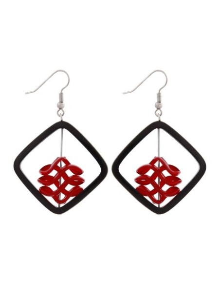 earrings black square red spiral bead