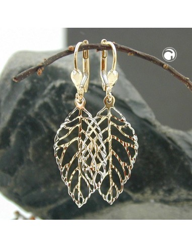 leverback earrings dangle 45x16mm leafs openwork bicolour 9k gold