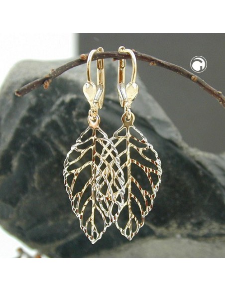 leverback earrings dangle 45x16mm leafs openwork bicolour 9k gold