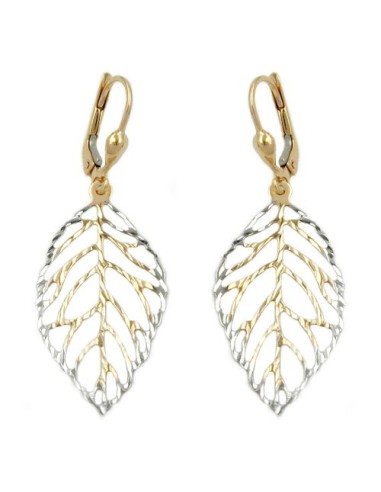 leverback earrings dangle 45x16mm leafs openwork bicolour 9k gold