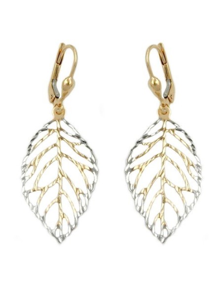 leverback earrings dangle 45x16mm leafs openwork bicolour 9k gold