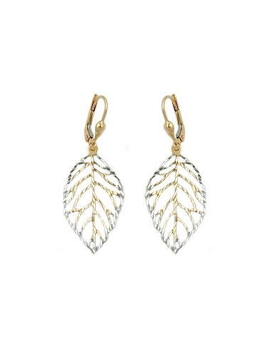leverback earrings dangle 45x16mm leafs openwork bicolour 9k gold