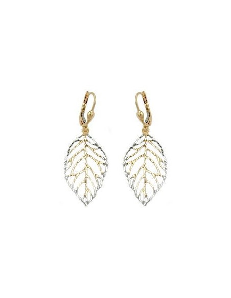 leverback earrings dangle 45x16mm leafs openwork bicolour 9k gold