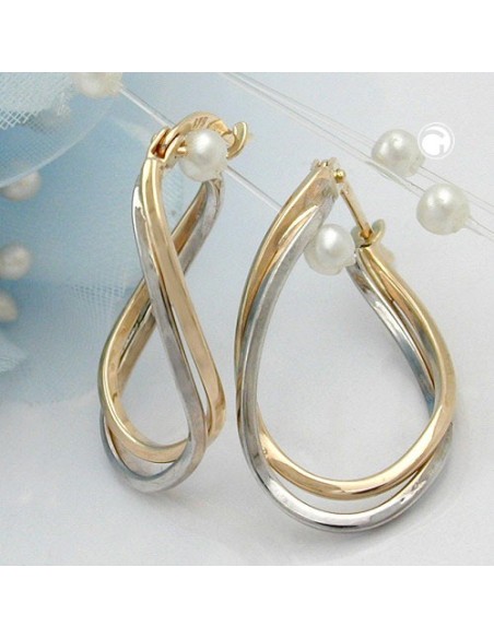 hoop earrings 22x15x3mm twisted & bent bicolor with white gold alloyed 9k gold