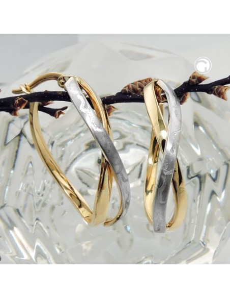 hoop earrings 26x7mm crossed bicolor part-rhodium plated matted 9k gold