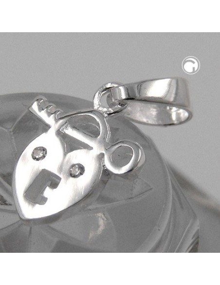 Hängsmycke 13x11mm Heart Lock With Key With Cubic Zirconia Shiny Silver 925