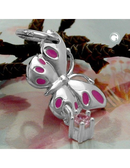 Hängsmycke 18x8mm Butterfly Pink Laquered With Tag Zirconia Pink Silver 925