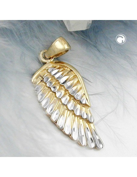 pendant 20x10mm angel wing bicolor rhodium plated diamond cut 9k gold