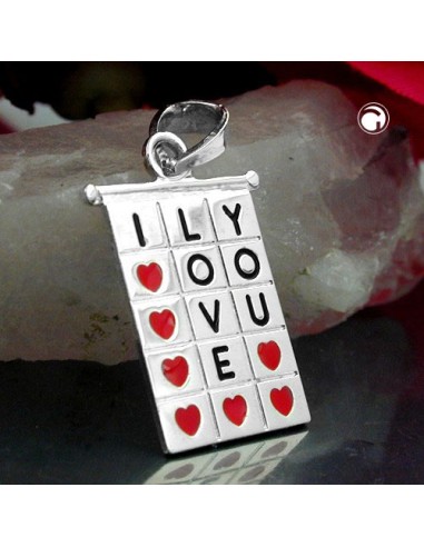 Hängsmycke 22x13mm Square Table I-Love-You Red-Black Lacquered Silver 925