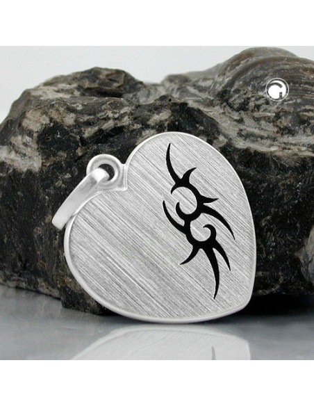 Hängsmycke 23x22mm Heart With Tribal Black Lacquered Matt Silver 925