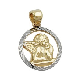 pendant 12.5mm angel motif two tone rhodium plated diamond cut 9k gold