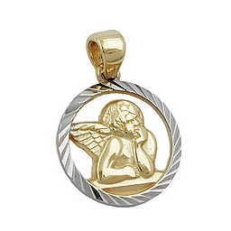 pendant 12.5mm angel motif two tone rhodium plated diamond cut 9k gold