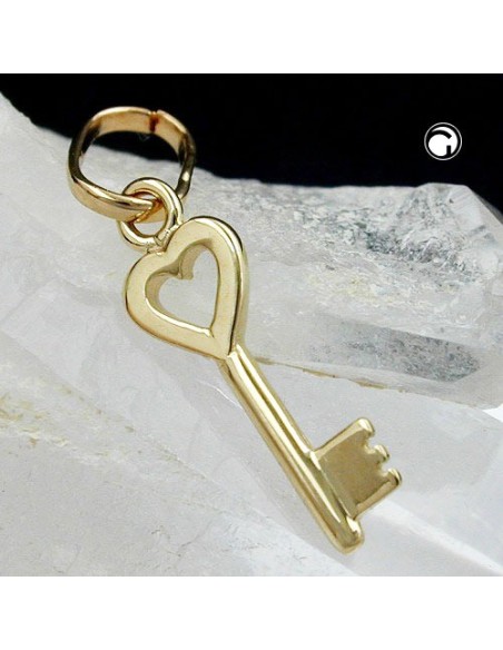 pendant 15x5mm key with heart shiny 9k gold