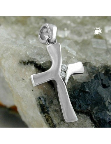 pendant 19x12mm cross shiny with 2 zirconias 9k white gold