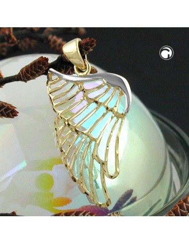 pendant angel wings 24x14mm bicolor rhodium plated diamond cut 9k gold