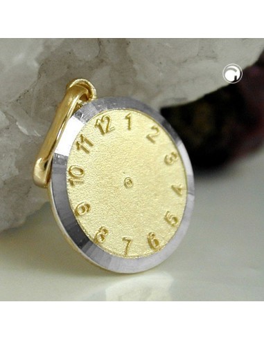 pendant 12,4mm baptism clock bicolor rhodium plated 9k gold
