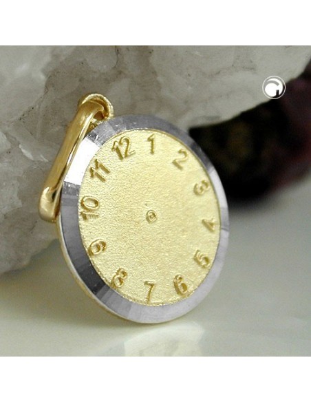 pendant 12,4mm baptism clock bicolor rhodium plated 9k gold
