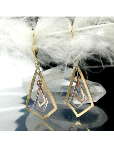 leverback earrings dangle 40x16mm 3 rhombuses tri-tone 9k gold