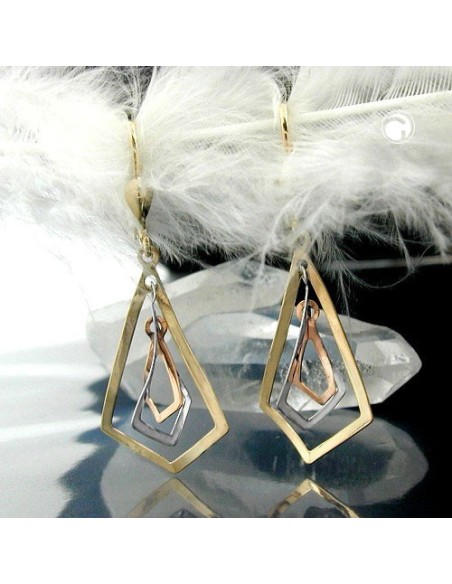 leverback earrings dangle 40x16mm 3 rhombuses tri-tone 9k gold