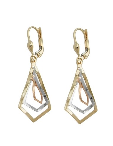 leverback earrings dangle 40x16mm 3 rhombuses tri-tone 9k gold