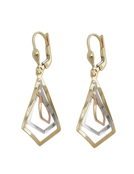 leverback earrings dangle 40x16mm 3 rhombuses tri-tone 9k gold