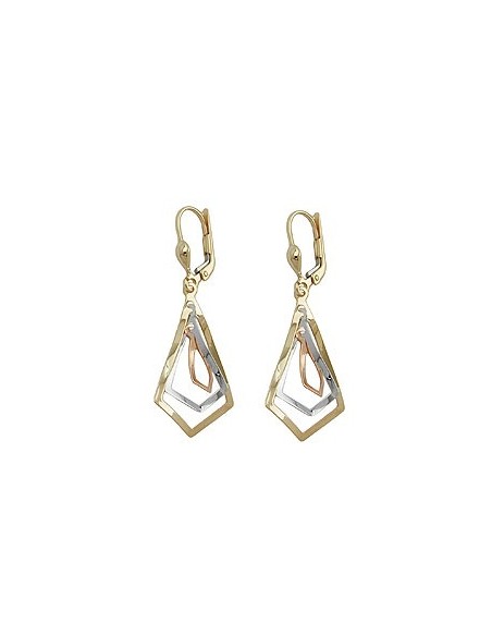 leverback earrings dangle 40x16mm 3 rhombuses tri-tone 9k gold