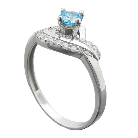 Ring 10mm Zirconias Aqua And White Shiny Rhodium Plated Silver 925 Ring Size 58
