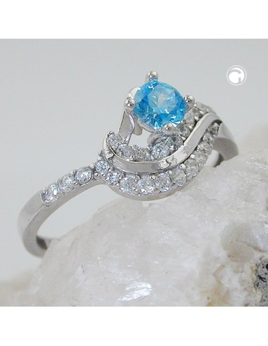 Ring 10mm Zirconias Aqua And White Shiny Rhodium Plated Silver 925 Ring Size 58