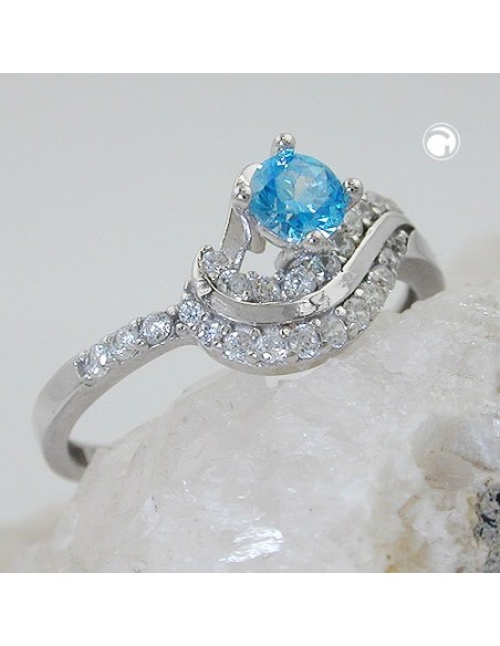 Ring 10mm Zirconias Aqua And White Shiny Rhodium Plated Silver 925 Ring Size 58