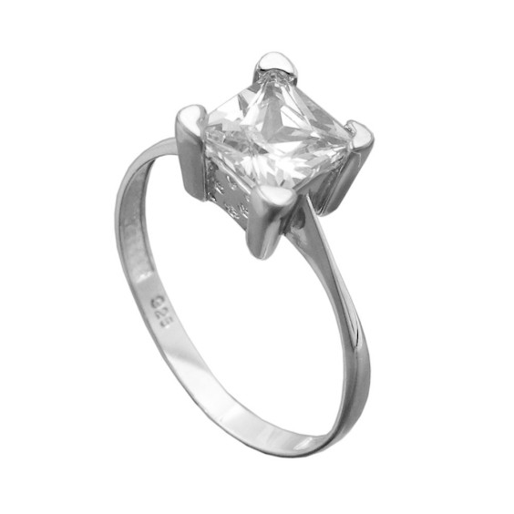 Ring 8mm Single Cubic Zirconia Shiny Rhodium Plated Silver 925 Ring Size 62