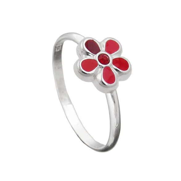 Ring For Children Red Flower Silver 925