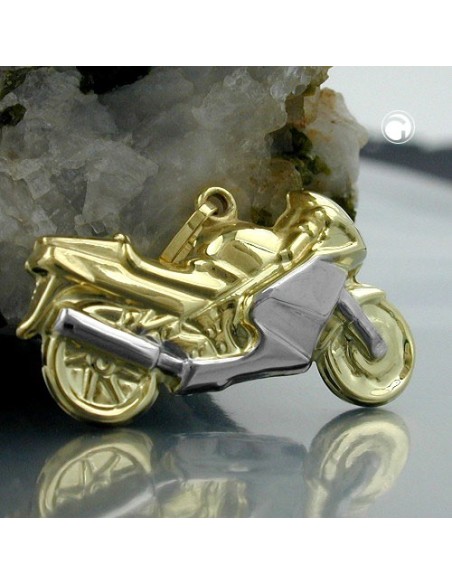 pendant 15x28mm motorcycle bicolor partly rhodium-plated 9k gold