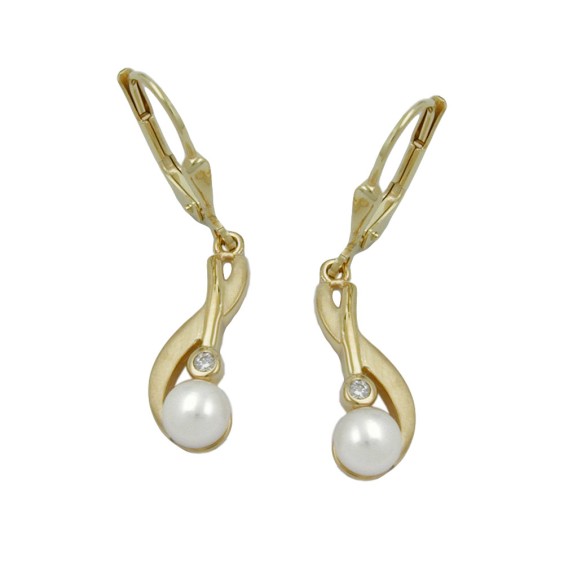 leverback dangle earrings 30x6mm freshwater cultured pearl cubic zirconia 9k gold