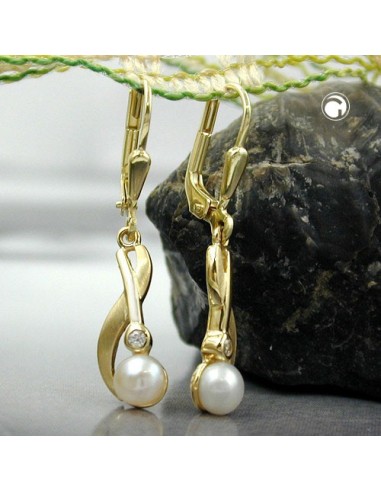 leverback dangle earrings 30x6mm freshwater cultured pearl cubic zirconia 9k gold