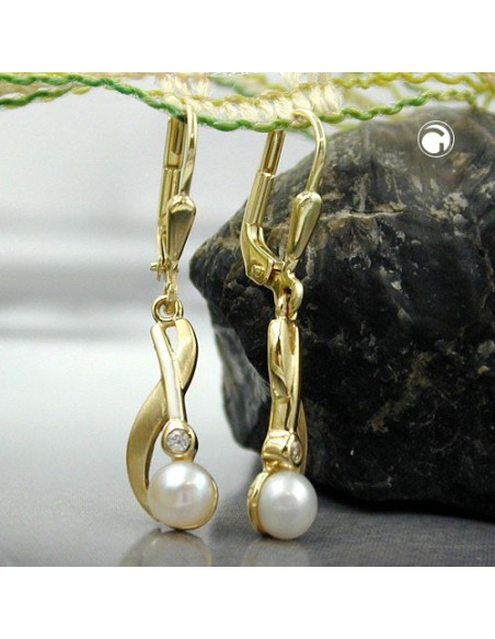 leverback dangle earrings 30x6mm freshwater cultured pearl cubic zirconia 9k gold