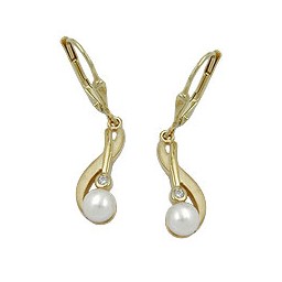 leverback dangle earrings 30x6mm freshwater cultured pearl cubic zirconia 9k gold