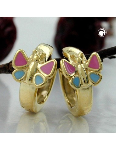hoop earrings 12x7mm hinged butterfly pink blue lacquered 9k gold