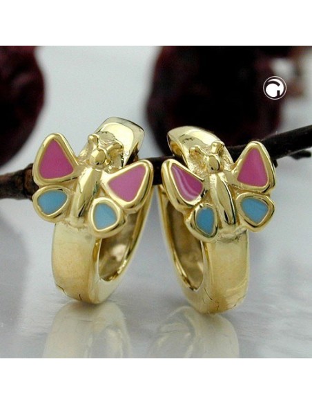 hoop earrings 12x7mm hinged butterfly pink blue lacquered 9k gold