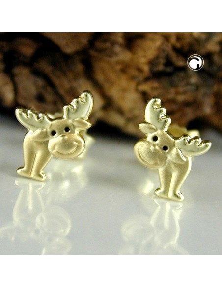 stud earrings 8x6mm moose with black lacquered eyes matte shiny 9k gold