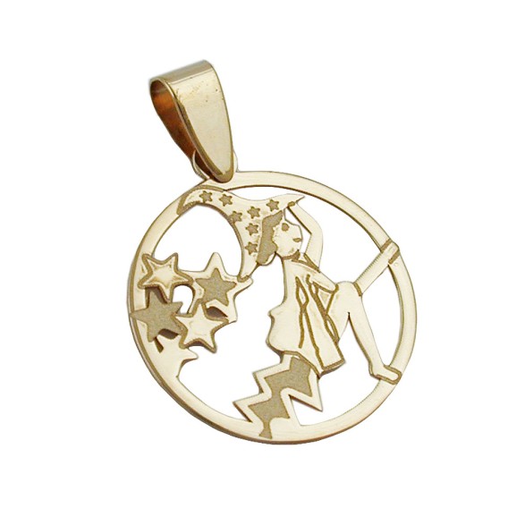 pendant 15mm flying witch laser engraving shiny 9k gold