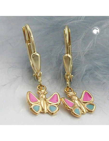 leverback earrings 22x7mm butterfly light blue pink 9k gold