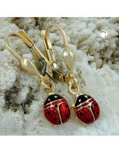 leverback earrings dangle 24x6mm ladybird enameled 9k gold