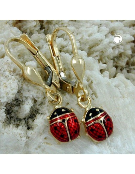 leverback earrings dangle 24x6mm ladybird enameled 9k gold