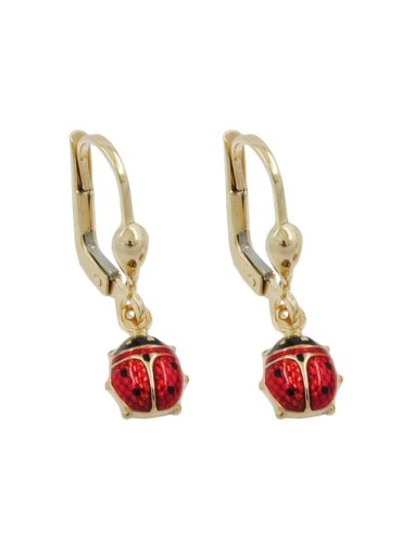 leverback earrings dangle 24x6mm ladybird enameled 9k gold