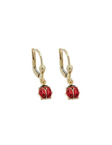 leverback earrings dangle 24x6mm ladybird enameled 9k gold