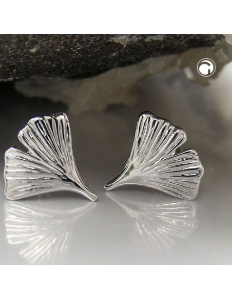 stud earrings 12mm ginkgo leaf shiny 9k white gold